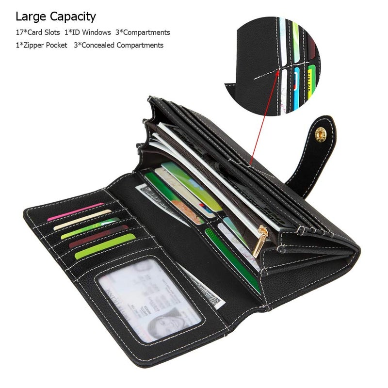 Cynure Women's Vegan Leather 17 Card Slots Card Holder Long Big Bifold Wallet Black - Image 2